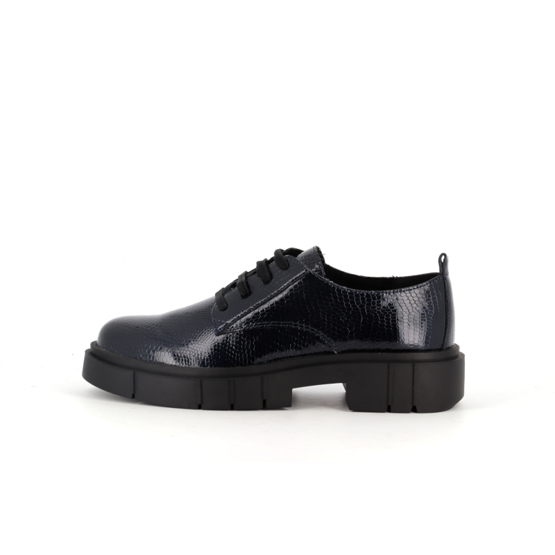 derby plateforme bleu en cuir vernis