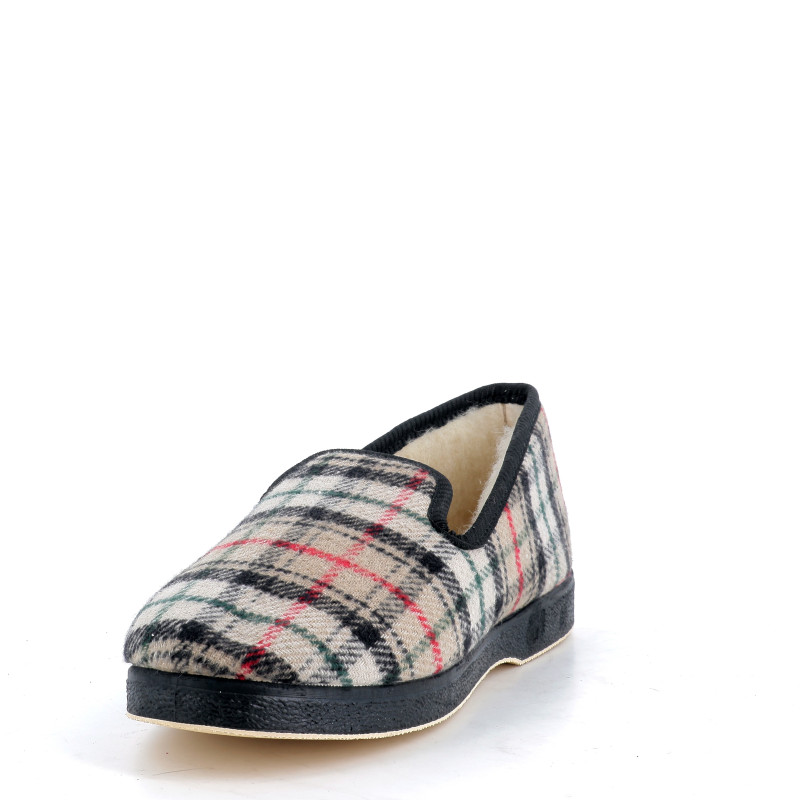 Chaussons Homme Beige et Noire en Textile Doublé de Pure Laine - Semelle en Caoutchouc