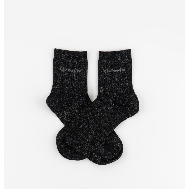 Chaussettes Lurex unies noires et broderie Victoria