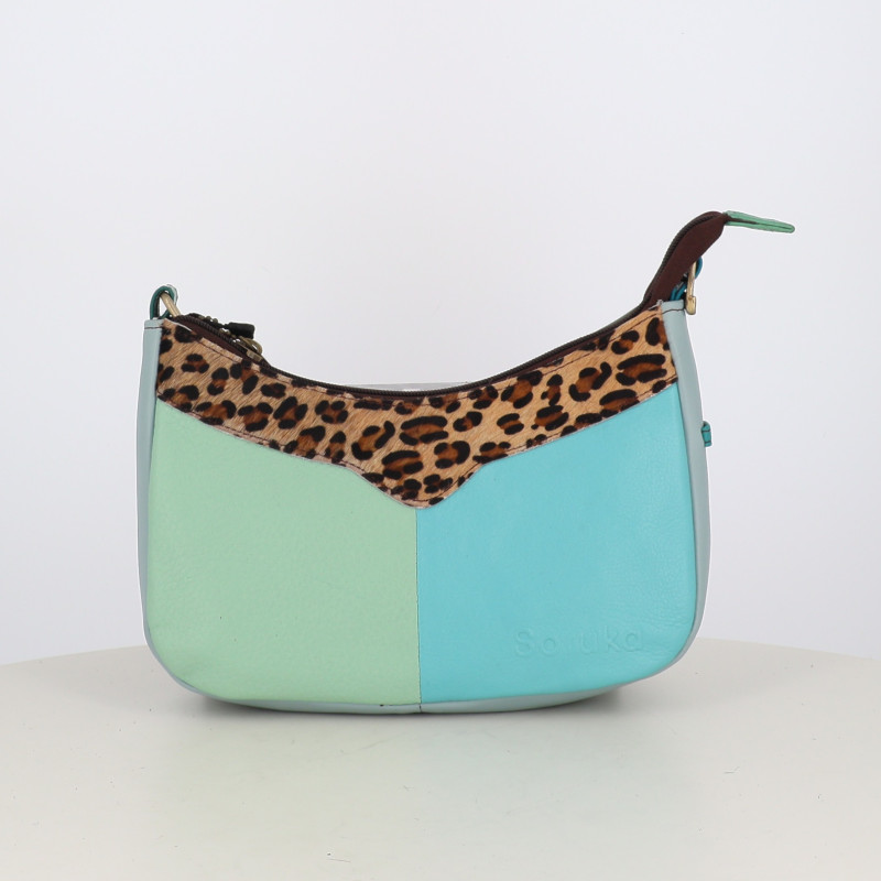 Sac baguette Soruka vert / bleu et léopard