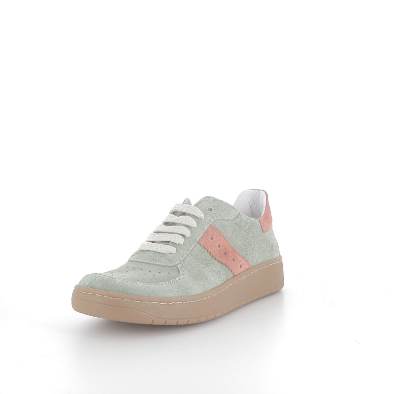 Baskets basses vertes bandes roses en cuir
