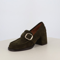 Mocassins à Talon Emilie Karston Kaki en Croûte de Cuir